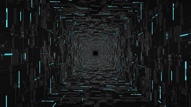 Abstract animation of flying through a futuristic sci fi corridor with glowing blue neon elements in the dark. Modern technology and computer science background. 3D render , 4k video , 60 fps