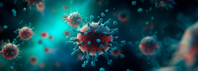 Fotobehang Vivid 3D illustration of a coronavirus particle, highlighted by teal and blue tones, symbolizing the ongoing pandemic. © stateronz