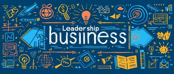 A banner where the text "Leadership Business" is showcased as a blueprint. with icons, symbols, and imagery representing the various components of leadership growth. Leadership Business concept.