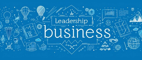 A banner where the text "Leadership Business" is showcased as a blueprint. with icons, symbols, and imagery representing the various components of leadership growth. Leadership Business concept.