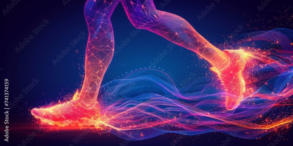 Poster A Holographic Display of Running Shoes in Action, Symbolizing Advanced Technology in Sports and Exercise, Generative AI
