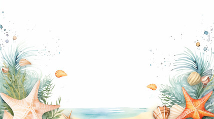 Fototapeta na wymiar Watercolor Ocean Elements with Seashells and Starfish on White Background