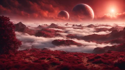 Foto op Plexiglas Maroon Planet Fog Planets in Background Clouds Sky Light Shining Mountains © Meanapples