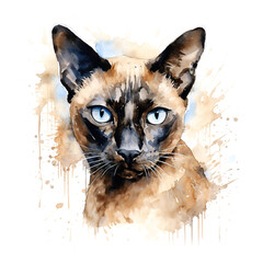 Image of watercolor painting of siamese cat head on a clean background. Pet. Animals. Illustration. Generative AI.