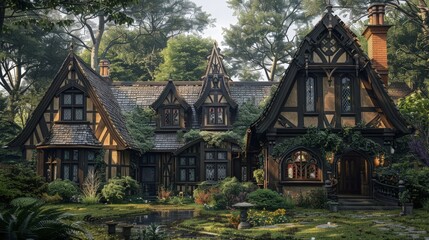 A charming timber-framed building with steeply pitched roofs, leaded glass windows, and decorative half-timbering, evoking the charm of Tudor-era architecture
