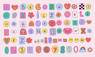 Vector set of colorful ransom note letters. Hand drawn doodle alphabet in 90s style. Cute font for collage, scrapbook design. Y2k funky stickers