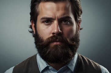Fototapeta premium Majestic Beard Mastery: A Handsome Gentleman's Serious Portrait Captures the Essence of Modern Masculinity, generative AI