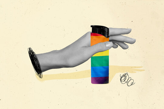 Creative collage picture human arm hold painted ranbow flag lighter freedom rights equality symbol gender tolerance drawing background