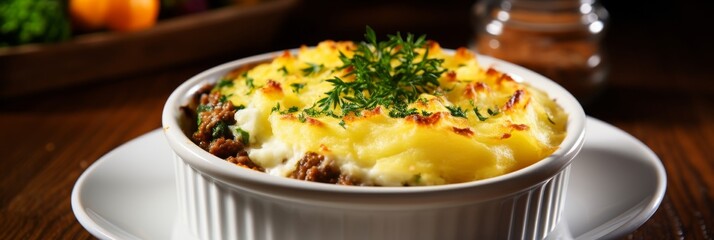 Delicious shepherds pie classic savory dish with minced meat and mashed potatoes - obrazy, fototapety, plakaty