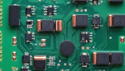 Top down view on computer circuit board with green and copper colored wiring and soldered transistors - obrazy, fototapety, plakaty