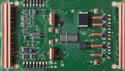 Top down view on computer circuit board with green and copper colored wiring and soldered transistors