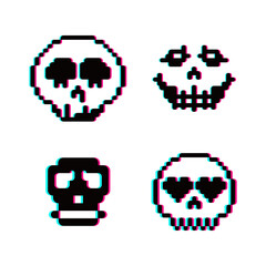 Skull head pixel 8 bit glitch effect illustration vector clip art, t shirt design, sticker collection 