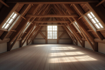 Fototapeta na wymiar Cozy attic with windows, lots of light.