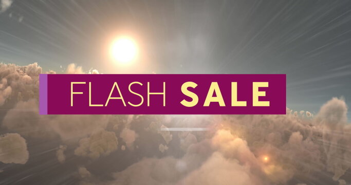Digital image of flash sale text over purple banner against sun shining in the sky
