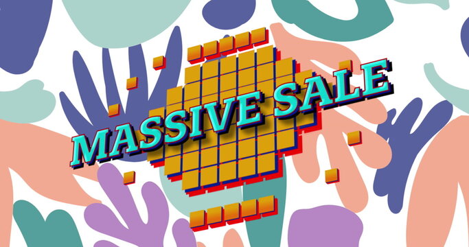 Image of retro massive sale text on yellow squares with pastel coloured leaves on white