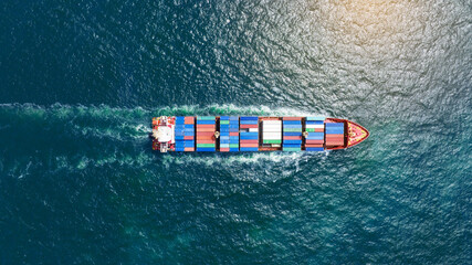 top view Cargo Container ship in the ocean ship carrying container and running for import export concept technology freight shipping by ship - obrazy, fototapety, plakaty