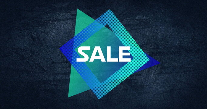 Image of huge sale text in white over blue square and triangle on grey flickering background