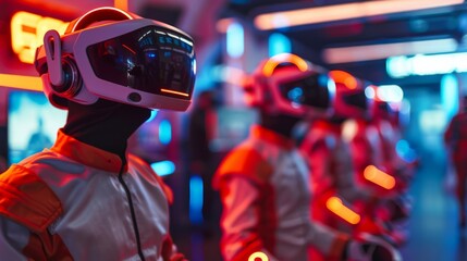 Virtual reality arcade, gamers wearing VR headsets and motion suits, immersed in various interactive sci-fi worlds