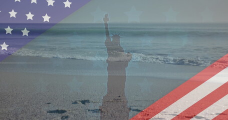 Naklejka premium Image of american flag revealing statue of liberty and sea with beach