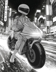 Obraz na płótnie Canvas Biker on a motorcycle. Traveling through future cities. A girl on a motorcycle wearing a helmet. Illustration for coloring book