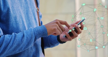 Image of network of connections over biracial man using smartphone