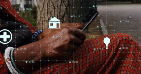 Image of data processing over african american man using smartphone