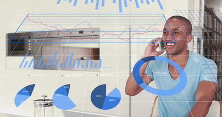 Image of data processing over african american man using smartphone