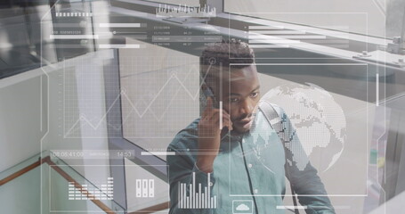 Image of data processing over african american man using smartphone