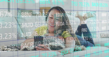 Image of data processing over asian woman using smartphone