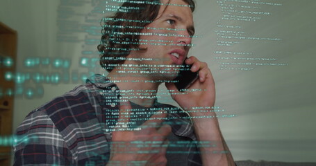 Image of data processing over caucasian man using smartphone