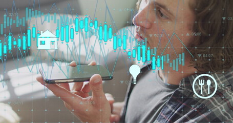 Image of data processing over caucasian man using smartphone