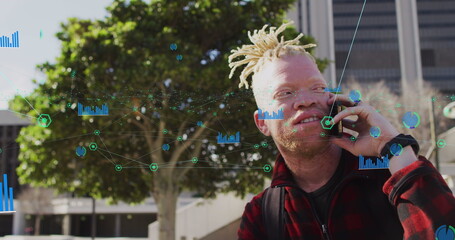 Image of network of connections over albino african american man using smartphone