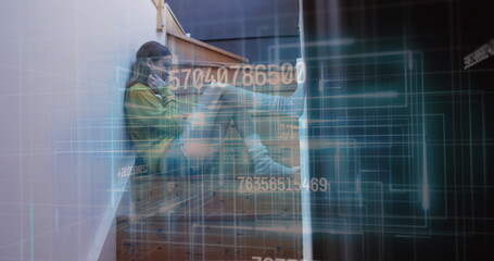 Image of data processing over biracial woman using smartphone