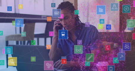 Image of network of connections over biracial businessman using smartphone