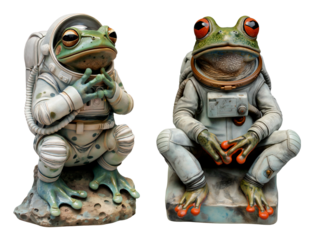 Figurines of astronaut frogs. A frog in an astronaut costume sits on a stone. Isolated on a transparent background.
