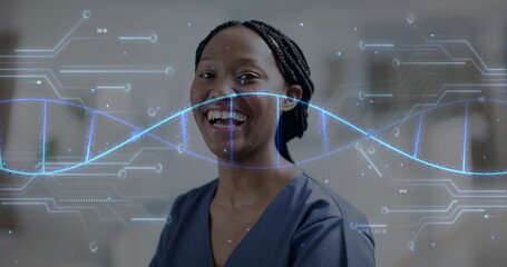 Image of dna strand and data processing over african american female doctor in hospital