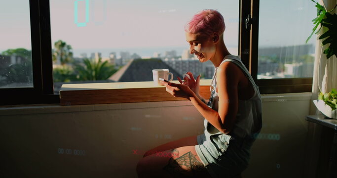 Image of data processing over biracial woman using smartphone - Powered by Adobe