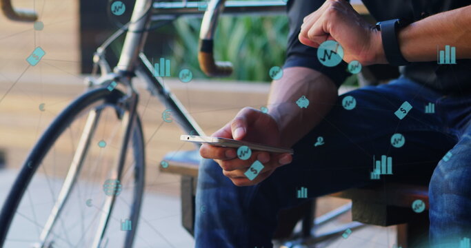 Image of network of connections over biracial man using smartphone