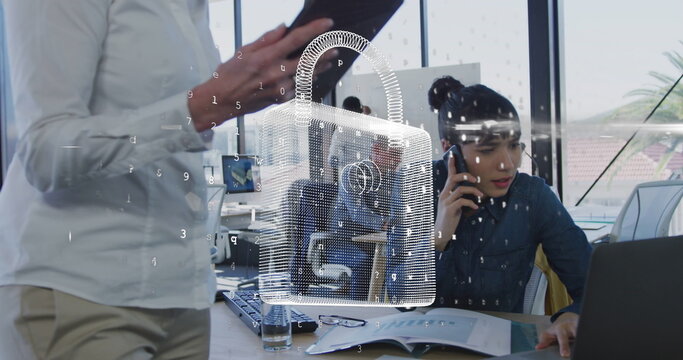 Image of data processing and padlock over diverse business people in office