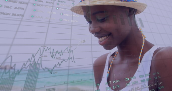 Image of data processing over african american woman using smartphone