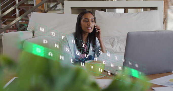 Image of data processing over biracial woman using smartphone