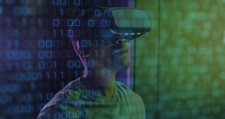 Image of data processing over african american male server room worker using vr headset