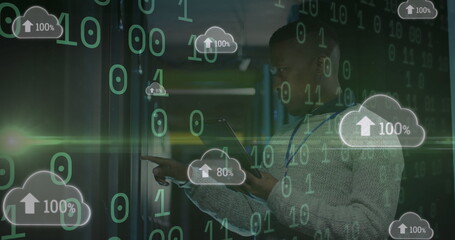 Image of data processing over african american male server room worker