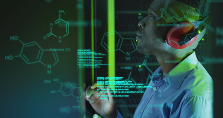 Image of data processing over african american male server room worker using headphones