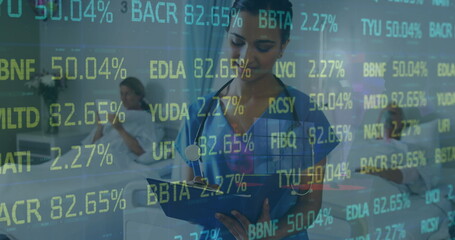 Image of data processing over female doctor with stethoscope