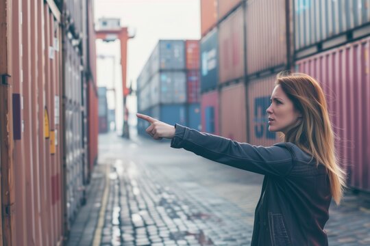 woman pointing, her image interlaced with container yard