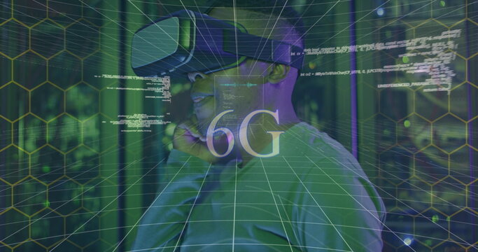 Image of data processing over african american male server room worker using vr headset
