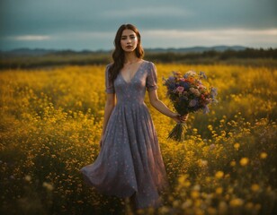 a beautiful award winning full length portrait of a dusky maiden wearing a chic floral dress, she is outdoors, holding a dainty bouquet of precisely arranged wild flowers, minimalistic composition, ve