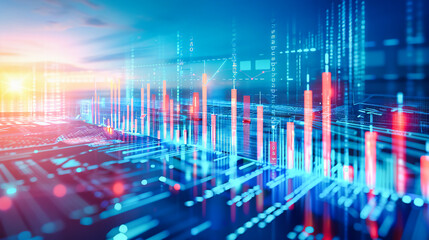 Business and finance concept with forex and stock market analysis, showcasing digital graphs and technology in a modern design