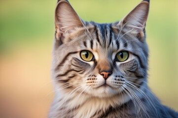 Naklejka na ściany i meble Elegant Striped Tabby Cat with Green Eyes on Pastel Background